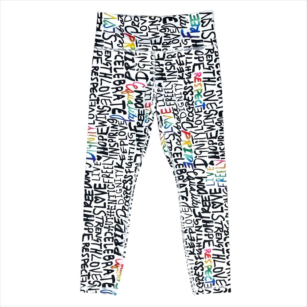 ATHLETA Pride Graffiti Elation Train 7/8 Tight Rainbow Graphic Text Print Size M